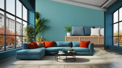 A blue wall with a couch and two potted plants. The couch is made of wood and has pillows on it. The plants are placed on the floor and the wall. The room has a modern and minimalist design Wall mural