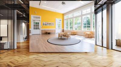 A bright yellow room with a circular rug and a table with chairs. The room is empty and has a clean, bright atmosphere Wall mural