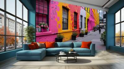 A colorful street with a pink building and a yellow building. There are many potted plants on the sidewalk Wall mural