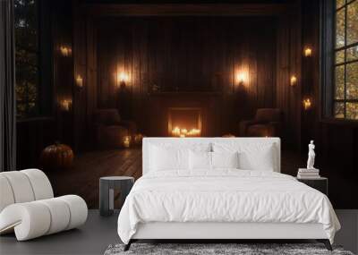 A dark room with a fireplace and two chairs. The room is lit with candles and has a spooky atmosphere Wall mural