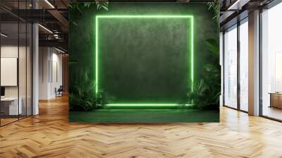 A green neon sign with a green background. The sign is surrounded by green plants Wall mural