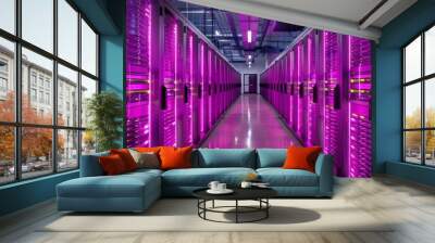 A long hallway with many computer servers lit up in a purple hue. The servers are arranged in rows and are connected to each other. The lighting creates a sense of a futuristic, high-tech environment Wall mural