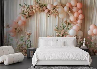 A pink and white floral arrangement with a white curtain backdrop Wall mural