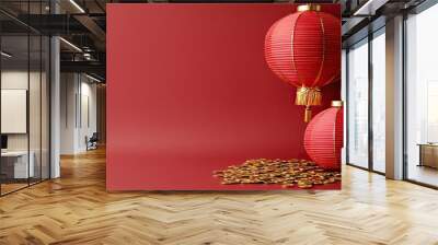 Two red lanterns on a rich red background with scattered golden coins, symbolizing celebration and prosperity. Wall mural