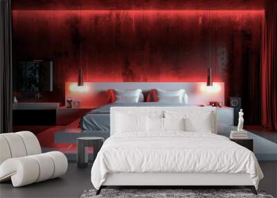 Modern Bedroom With Ambient Red Lighting and Sleek Furniture Design Featuring a Large Bed and Stylish Decor in a Contemporary Setting. Generative AI Wall mural