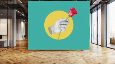 Digital collage modern art. Hand holding red rose Wall mural