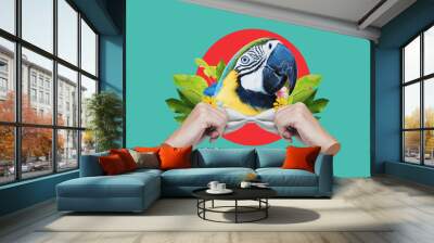 Digital collage modern art. Macaw head, with hands tying bow 
 Wall mural