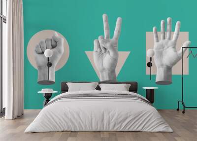 Digital collage modern art. Rock, Scissor and paper hand sign, with conflict geometry Wall mural