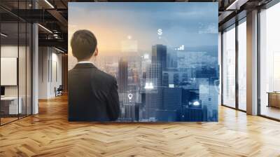 Futuristic augmented reality online data and cyberspace, Businessman looking at the city with futuristic online data hologram Wall mural