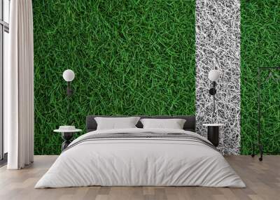 Green turf grass texture with white line, in soccer field Wall mural