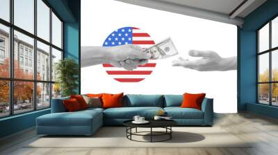 Hand giving and receiving money, with USA flag symbol, isolated on white background Wall mural