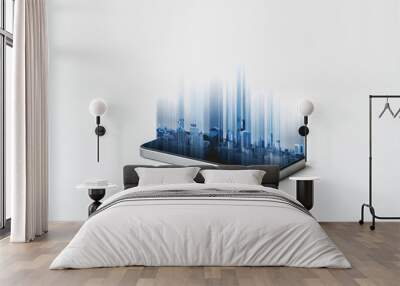 Mobile smart phone and buildings hologram technology, on white background. Mobile phone and communication technology Wall mural