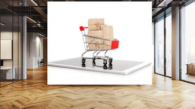 Online shopping and internet shopping delivery, Shopping cart full of boxes on digital tablet, isolated on white background Wall mural