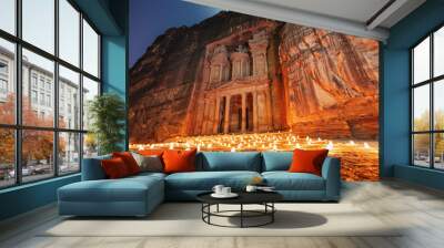 Petra by night, Treasury ancient architecture in canyon, Petra in Jordan. 7 wonders travel destination in Jordan Wall mural