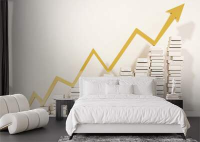 Piles of whiite books step rising up with golden arrows graph, 3d rendered Wall mural