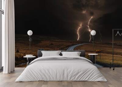 The road with powerful thunderstorm landscaped Wall mural