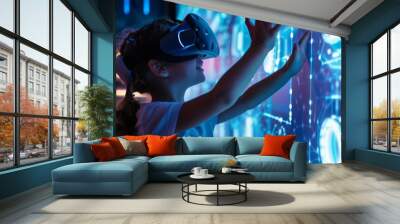 A child experiencing VR for the first time, reaching out to touch virtual objects with wonder and delight, showcasing the magic of new technology. Wall mural