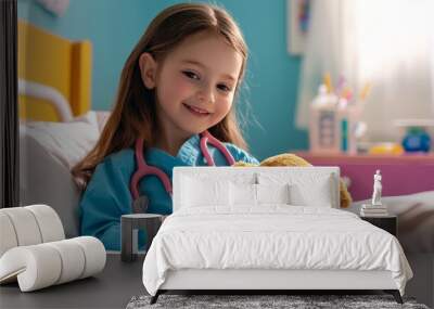 A child pretending to be a nurse, taking care of a stuffed animal in a toy hospital bed Wall mural