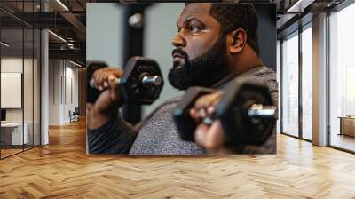 A close-up of a plus-sized man lifting weights in the gym, focused on building strength and endurance Wall mural