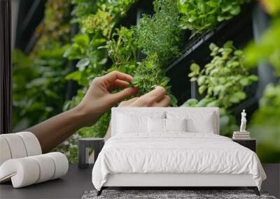 A close-up of hands harvesting herbs from a vertical garden mounted on the side of an urban apartment building Wall mural