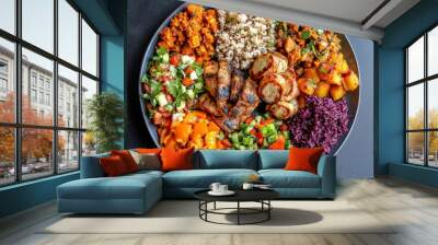 A colorful plate of vegan, nut-free, and gluten-free dishes, arranged to showcase variety and health in allergy-conscious cooking Wall mural