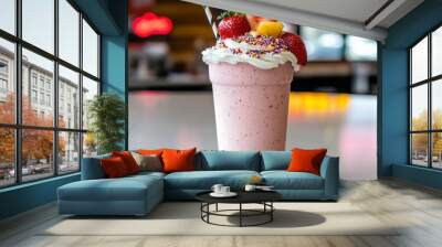 A colorful strawberry milkshake topped with sprinkles and fresh fruit, placed on a retro countertop with neon signs in the background Wall mural