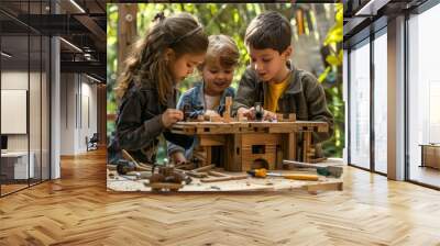 a group of children huddled around a workbench, tools in hand, work together to build a miniature tr Wall mural