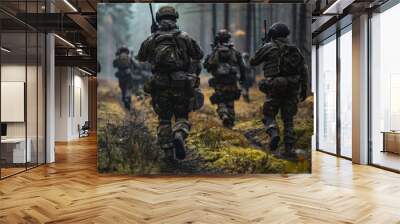 A group of soldiers training in the forest, their demeanor filled with power and unity Wall mural