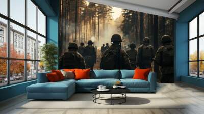 A group of soldiers training in the forest, their demeanor filled with power and unity Wall mural