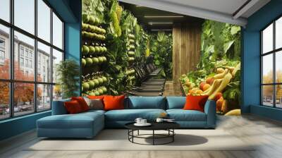 A gym where the exercise equipment is made entirely out of giant leafy greens and fruits, blending fitness with a natural diet Wall mural