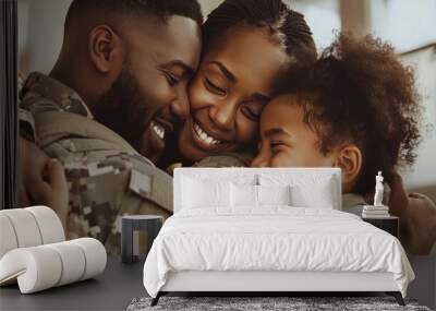 A military family standing together in a warm embrace, their faces full of smiles Wall mural