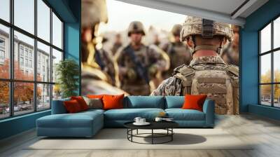 A military leader guiding troops to de-escalate a tense situation, capturing conflict and leadership in action Wall mural