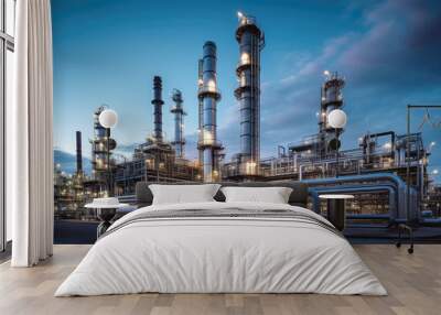 A modern petrochemical plant with intricate piping systems, distillation towers, and tanks, producing various chemical compounds. Wall mural