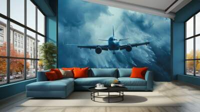 A plane is flying through a stormy sky. The clouds are dark and heavy, and the rain is pouring down. Scene is tense and dramatic, as the plane navigates through the dangerous weather conditions Wall mural