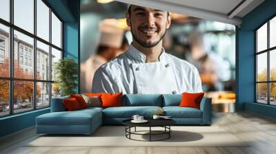 A professional portrait of a chef in a bustling kitchen, holding a freshly prepared dish, with a look of pride on their face Wall mural