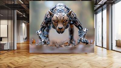 A robotic AI cheetah racing across the forest floor, using high-speed sensors to track prey, demonstrating the power and speed of robotic wildlife Wall mural