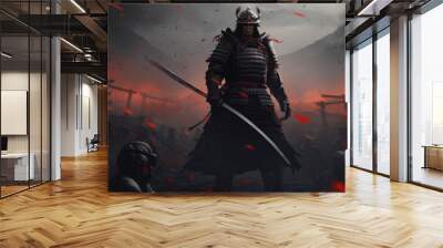 A samurai with a katana stands ready to fight against a huge army Wall mural