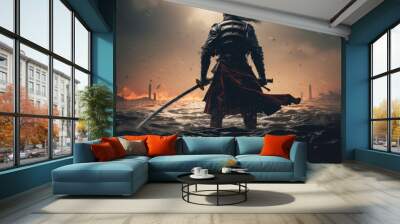 A samurai with a katana stands ready to fight against a huge army Wall mural