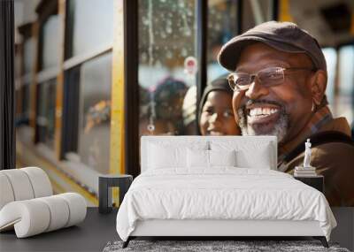 A school bus driver smiling as children board the bus Wall mural