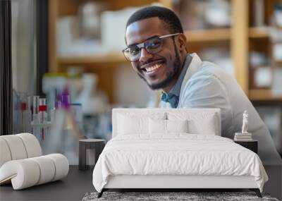 A scientist smiling proudly while conducting an experiment in a modern lab Wall mural