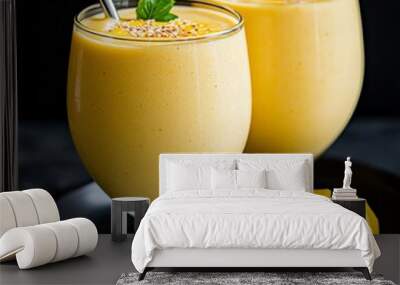 A serving of mango lassi, beautifully lit to showcase the smooth and creamy texture of the drink with its vibrant yellow color. Wall mural