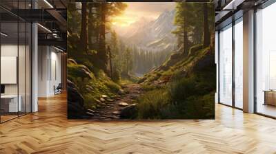 A shadowy birch and Ceder tree forest path with tall birch and cedar trees on either side of the dirt path opens onto a sun-drenched, mountainside across from the viewer Wall mural