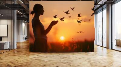 A silhouette of a person standing against the setting sun, hands gently opened to release birds into the freedom of the dusky sky, embodying hope and liberation. Wall mural