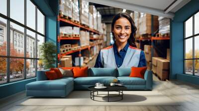 A smiling woman worker in a hardware warehouse standing checking supplies on her tablet. look at camera Wall mural