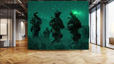 A stealthy night operation by modern special forces, equipped with night vision goggles and moving silently through a hostile environment, illustrating the precision Wall mural