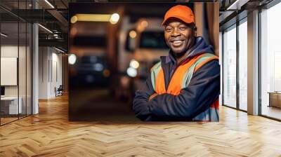 African American transportation factory truck driver standing and smiling by action arms crossed in front of lorry at container yard of port on evening. Wall mural