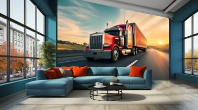 American style truck on freeway pulling load. Transportation theme. Road cars theme. Wall mural