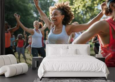 An energetic group fitness class in a park, with participants of all ages and backgrounds engaging in high-spirited exercises, embodying community and physical vitality. Wall mural