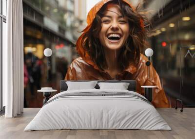 Asian woman wearing a raincoat outdoors. Wall mural