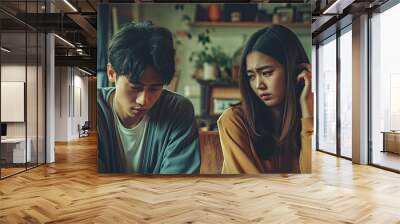 Asian young quarrel couple love fight relationship in trouble. Different people are emotionally angry. Argue husband has expression, upset with wife. The problem of family people. Wall mural